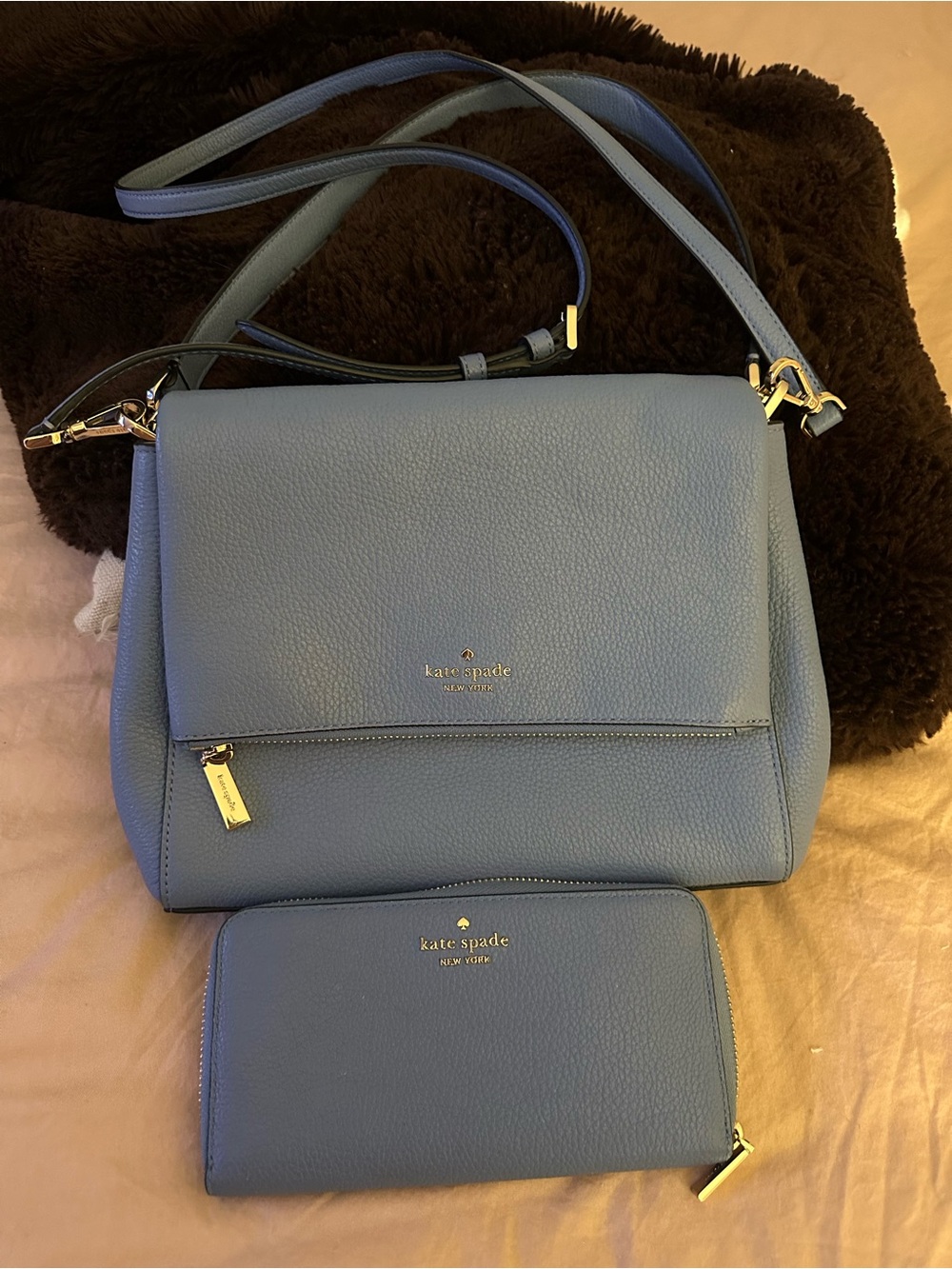 kate spade light blue pebbled leather crossbody with matching wallet